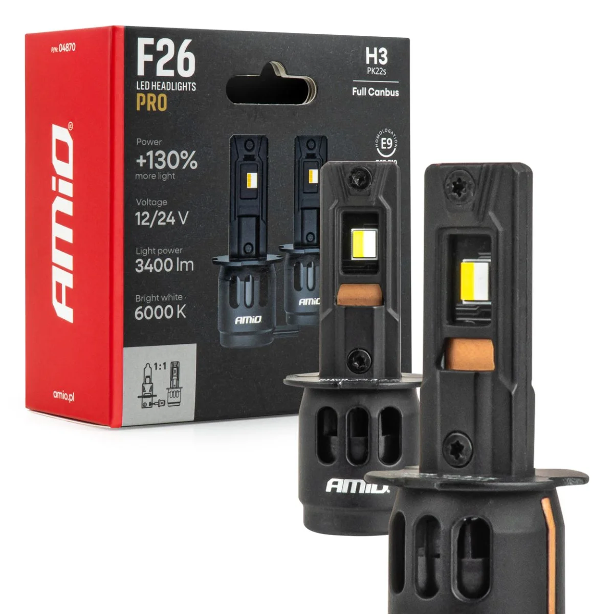 Φωτογραφία προϊόντος: AMIO AMiO - Λάμπες LED F26 Pro Series H3 12/24V 68W 2900-3550lm 6.000K Full Can-Bus Plug&Play - 2 Τεμ. (04870/AM) 04870/AM