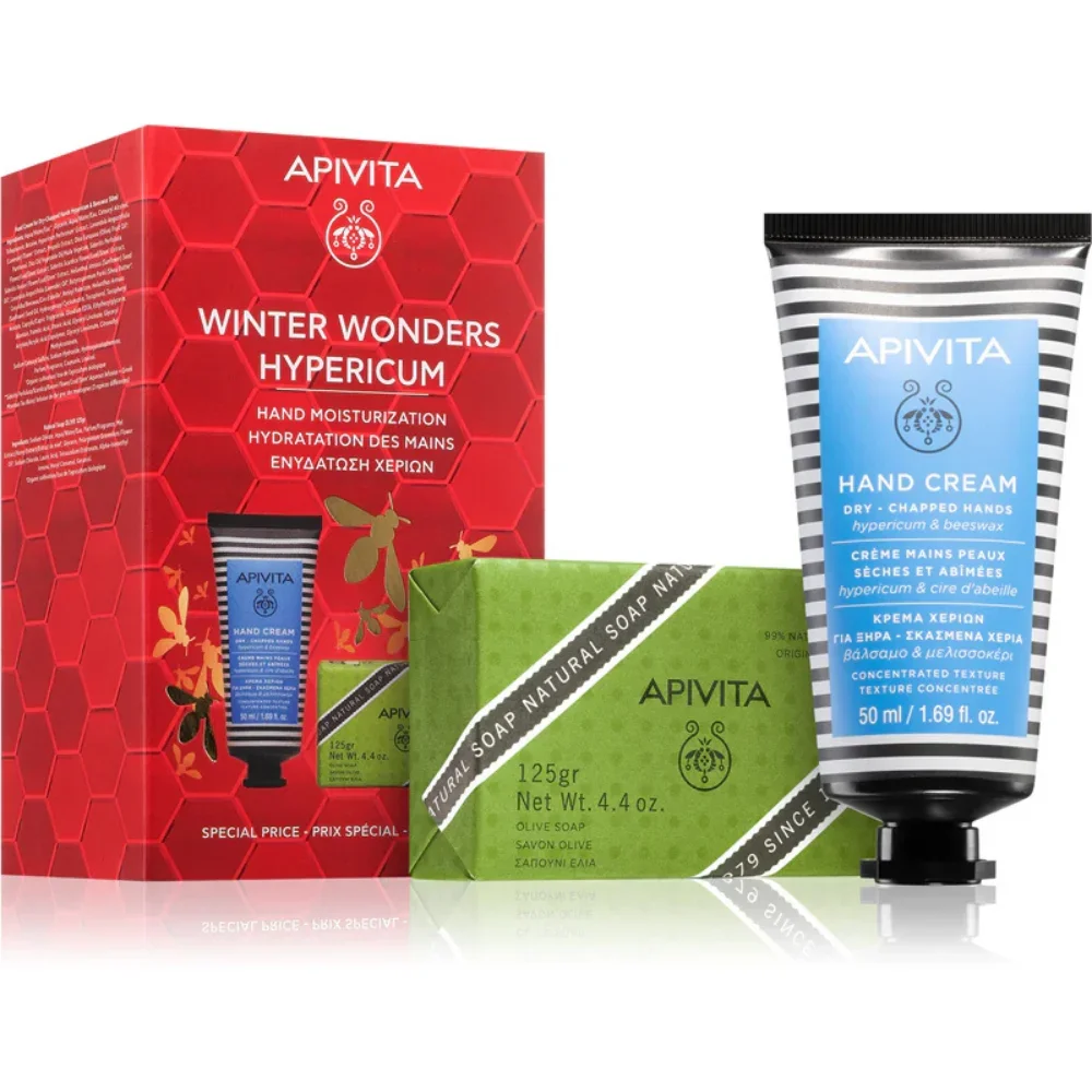 Φωτογραφία προϊόντος: Apivita Promo Winter Wonders Hypericum Κρέμα Χεριών 50ml +amp; Natural Soap, Φυσικό Σαπούνι με Ελιά 125g