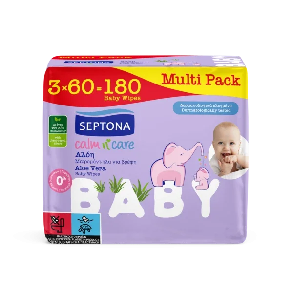 Φωτογραφία προϊόντος: Septona Calm N' Care Aloe Vera Μωρομάντηλα Χωρίς Οινόπνευμα & Parabens 3x60τμχ