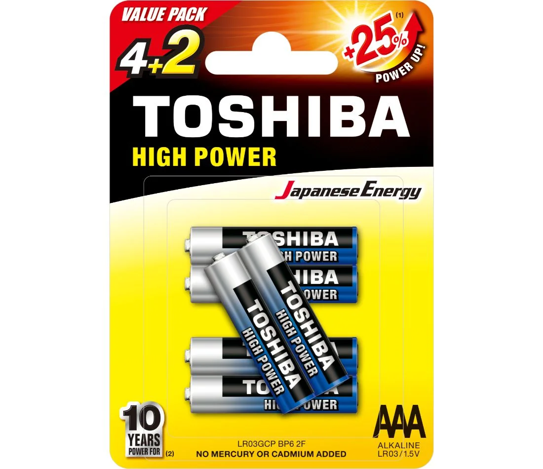 Φωτογραφία προϊόντος: Toshiba High Power Αλκαλικές Μπαταρίες AAA 1.5V 6τμχ (LR03GCP BP6 2F)