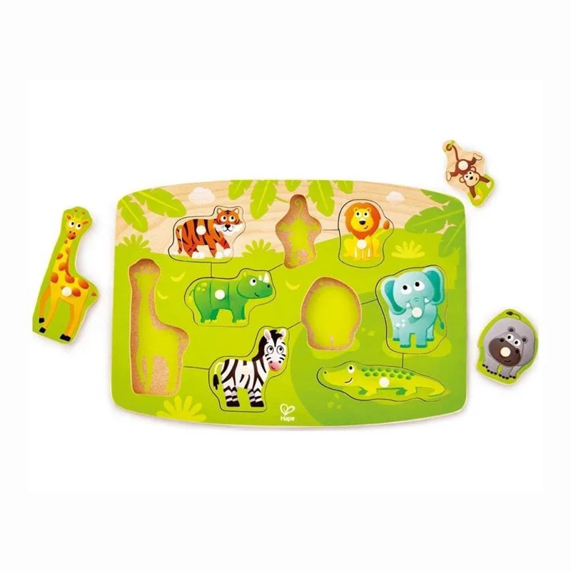 Φωτογραφία προϊόντος: Hape Happy Puzzles Ξύλινο Παζλ Άγρια Ζώα Jungle Peg (E1405A)
