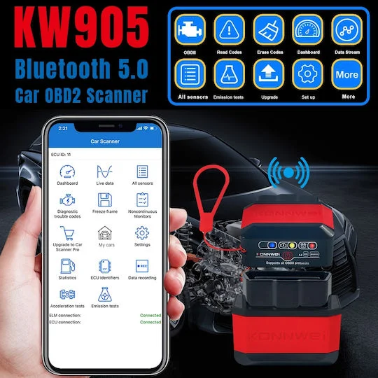 Φωτογραφία προϊόντος: KONNWEI KW905 Bluetooth 5.0 Car OBD2 Scanner Υποστήριξη Android + iOS (Μαύρο κόκκινο)