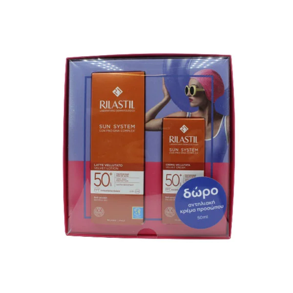 Φωτογραφία προϊόντος: Rilastil Sun System Velvet Touch Body Lotion SPF50 Αντηλιακό Γαλάκτωμα Προσώπου-Σώματος 200 ml + ΔΩΡΟ Rilastil Sun System Velvet Cream SPF50 Αντηλιακή Κρέμα Προσώπου με Απαλή Υφή 5