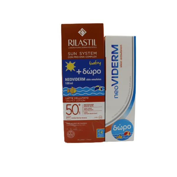 Φωτογραφία προϊόντος: Rilastil Sun System Velvet Lotion SPF50+ Αντηλιακό Γαλάκτωμα Προσώπου-Σώματος για Βρέφη + Παιδιά 200 ml + ΔΩΡΟ Neoviderm Emulsion Επουλωτικό Κρεμογαλάκτωμα, 100ml
