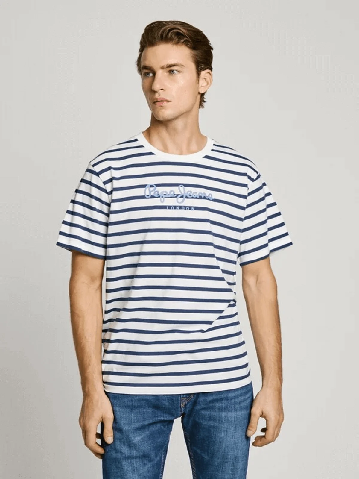 Φωτογραφία προϊόντος: Βαμβακερό Ριγέ T-Shirt Pepe Jeans Striped Eggo PM509407-800 άσπρο-μπλέ