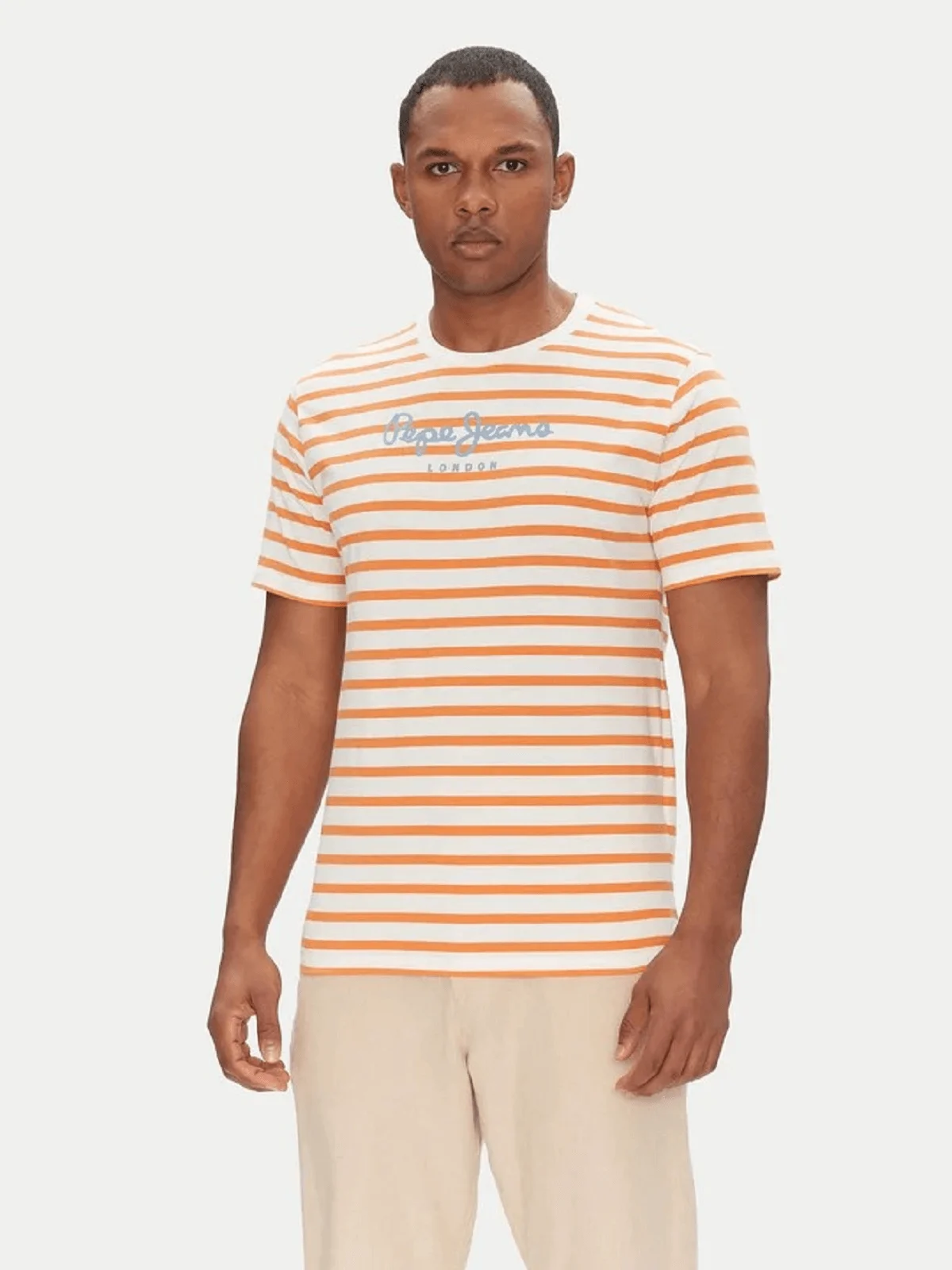 Φωτογραφία προϊόντος: Βαμβακερό Ριγέ T-Shirt Pepe Jeans Striped Eggo PM509407-803 άσπρο-πορτοκαλί χρώμα