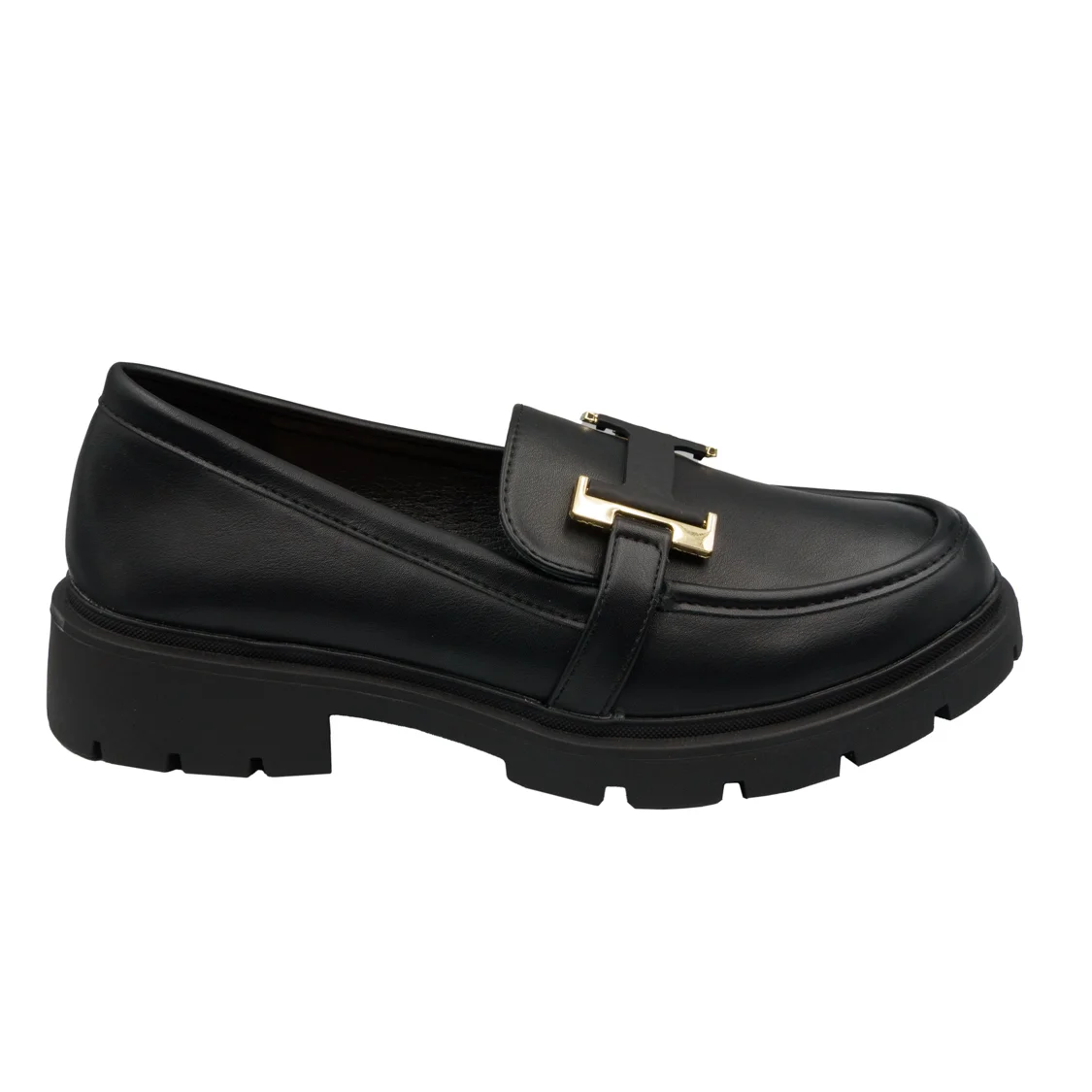 Φωτογραφία προϊόντος: Μαύρα loafers με χρυσή αγκράφα και τρακτερωτή σόλα