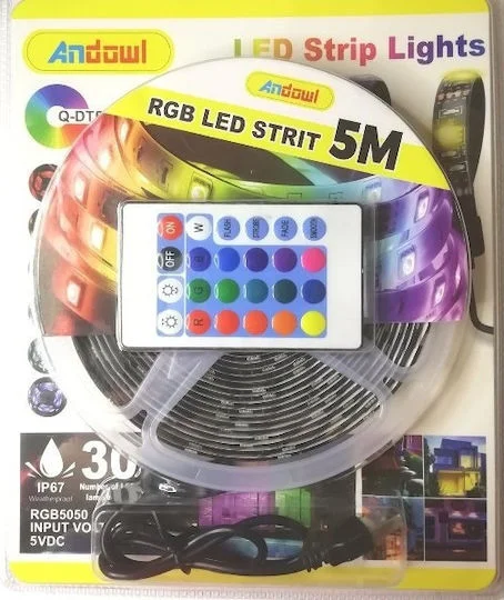 Φωτογραφία προϊόντος: Andowl Αδιάβροχη Ταινία LED USB 5V RGB Φως 5m Τύπου SMD5050 με Τροφοδοτικό + Τηλεχειριστήριο