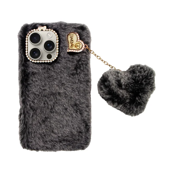 Φωτογραφία προϊόντος: Vivid Fluffy Plush Case with Heart-Shaped Chain Apple iPhone 16 Pro Max Grey/Black