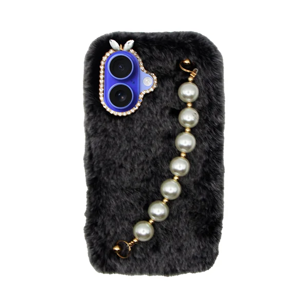 Φωτογραφία προϊόντος: Vivid Fluffy Plush Case with Pearl Chain Apple iPhone 16 Grey/Black