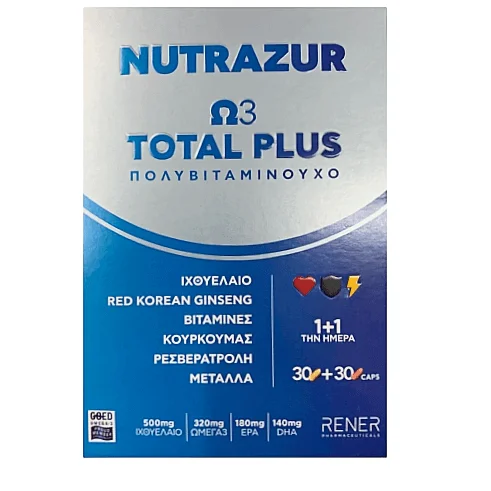 Φωτογραφία προϊόντος: Rener Nutrazur Ω3 Total Plus Συμπλήρωμα διατροφής με Ιχθυέλαιο, Βιταμίνες & αντιοξειδωτικά, 60 κάψουλες