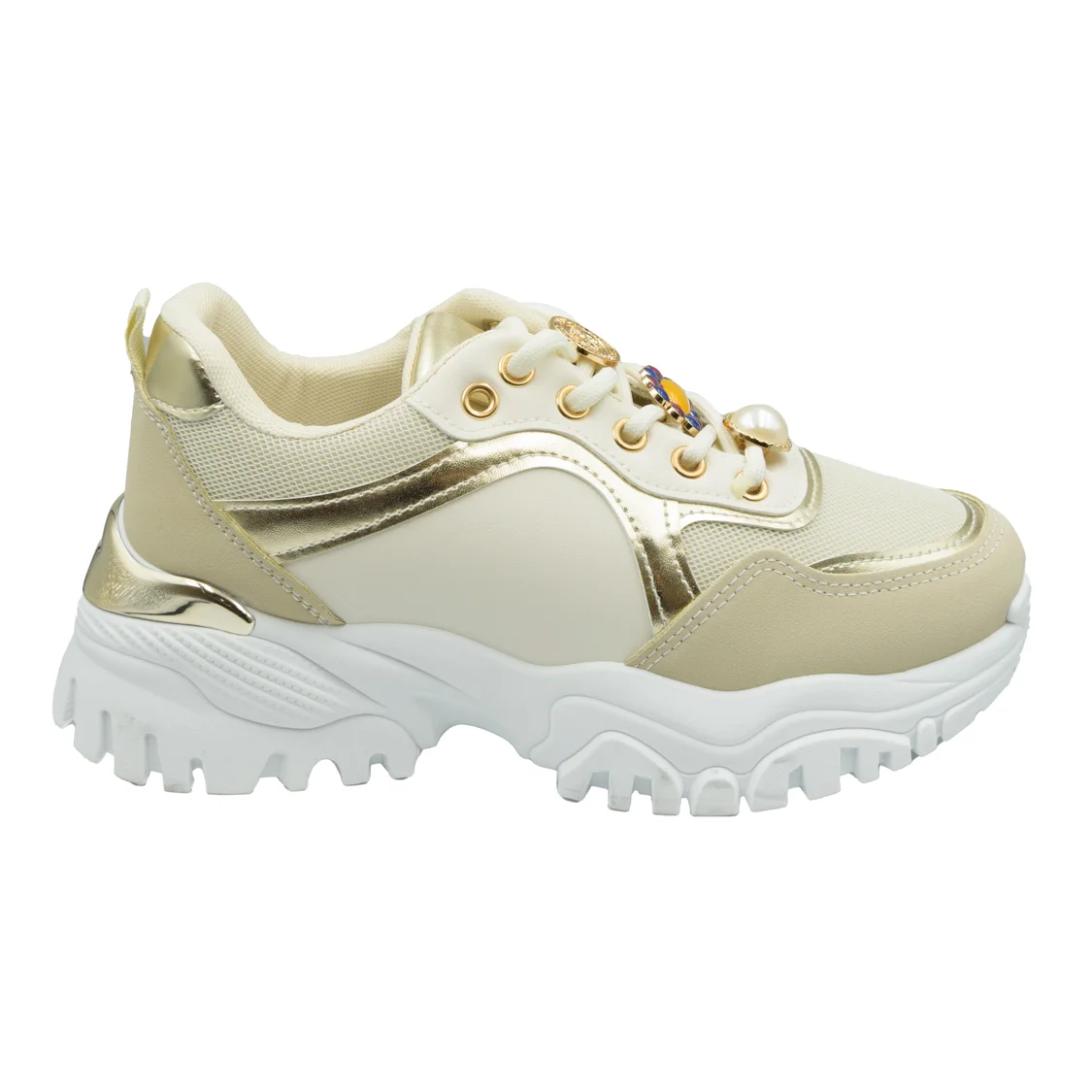Φωτογραφία προϊόντος: Μπεζ chunky sneakers με χρυσές λεπτομέρειες και πολύχρωμα διακοσμητικά