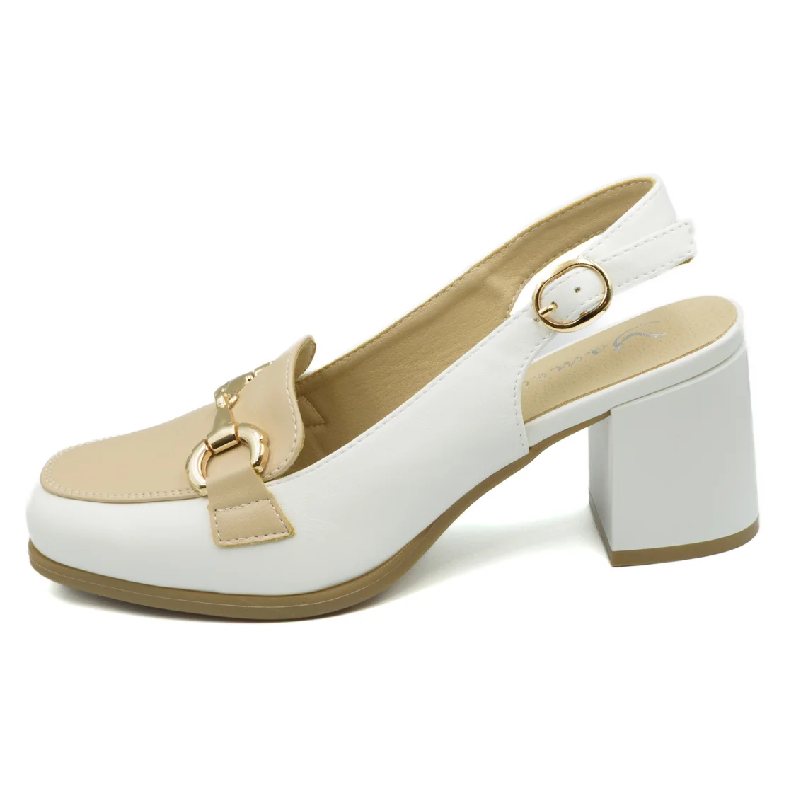 Φωτογραφία προϊόντος: Μπεζ-λευκά slingback loafers με χρυσό διακοσμητικό και τετράγωνο τακούνι