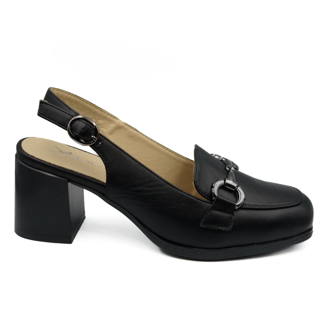 Φωτογραφία προϊόντος: Μαύρα slingback loafers με τετράγωνο τακούνι και μεταλλική αγκράφα