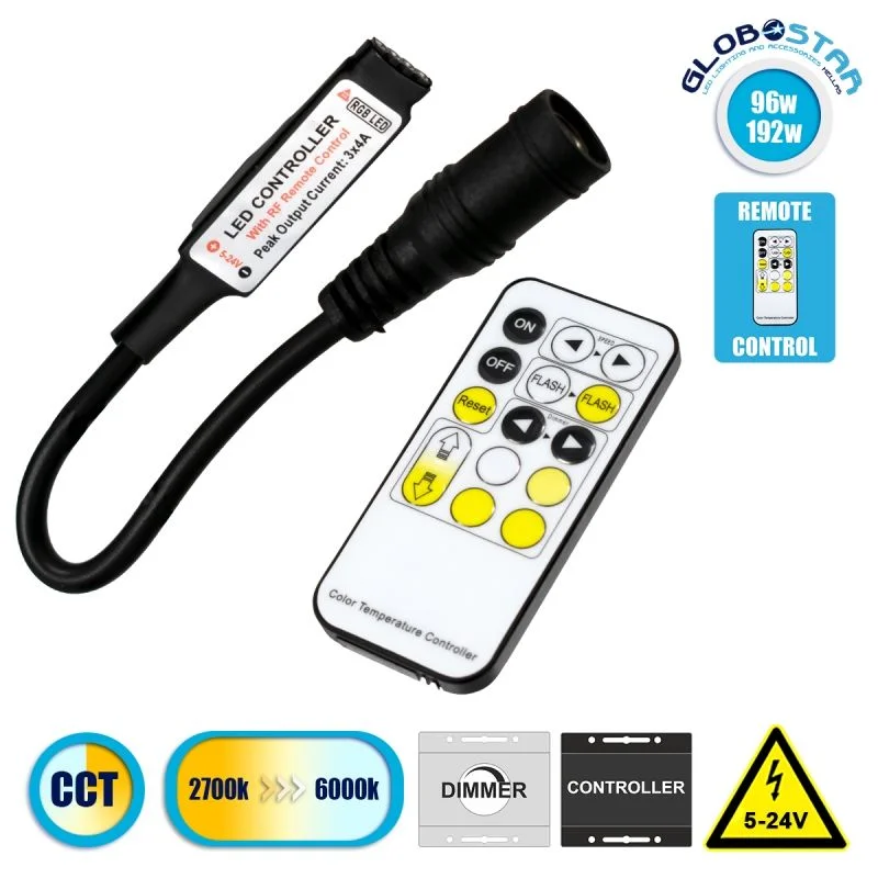 Φωτογραφία προϊόντος: Ασύρματο LED CCT Controller με Χειριστήριο RF 2.4Ghz DC 5-24V Max 192W
