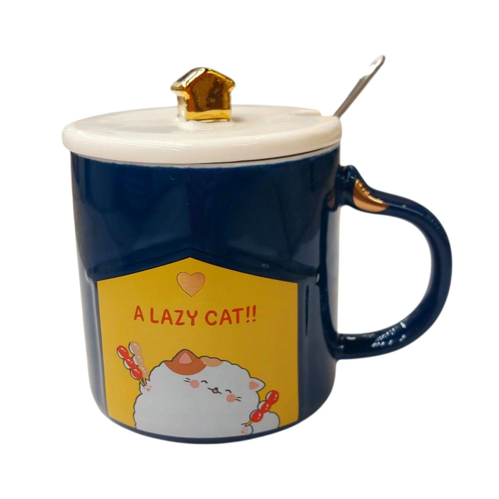 Φωτογραφία προϊόντος: Κούπα μπλε γατούλα A lazy cat πορσελάνης 350 ml με καπάκι και κουτάλι