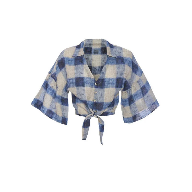 Φωτογραφία προϊόντος: 120% Lino Πουκάμισο Painted Check Print Cropped Blouse Blue