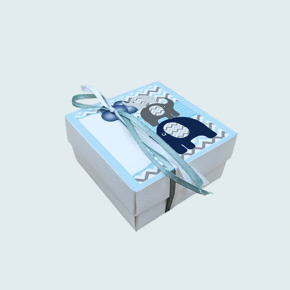 Φωτογραφία προϊόντος: Ecobags Μπομπονιέρα Βάπτισης Κουτάκι με Εκτύπωση και Κουφέτα Χατζηγιαννάκης Θέμα Ελεφαντάκια Με Μπαλόνια