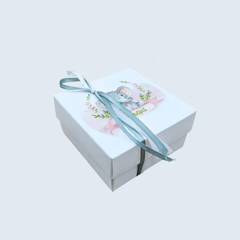 Φωτογραφία προϊόντος: Ecobags Μπομπονιέρα Βάπτισης Κουτάκι με Εκτύπωση και Κουφέτα Χατζηγιαννάκης Θέμα Ελεφαντάκι Με Λουλούδια -1