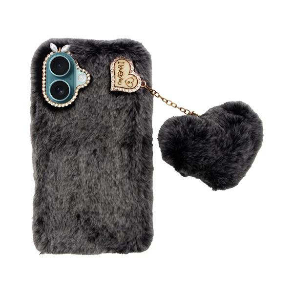 Φωτογραφία προϊόντος: Vivid Fluffy Plush Case with Heart-Shaped Chain Apple iPhone 16 Plus Grey/Black