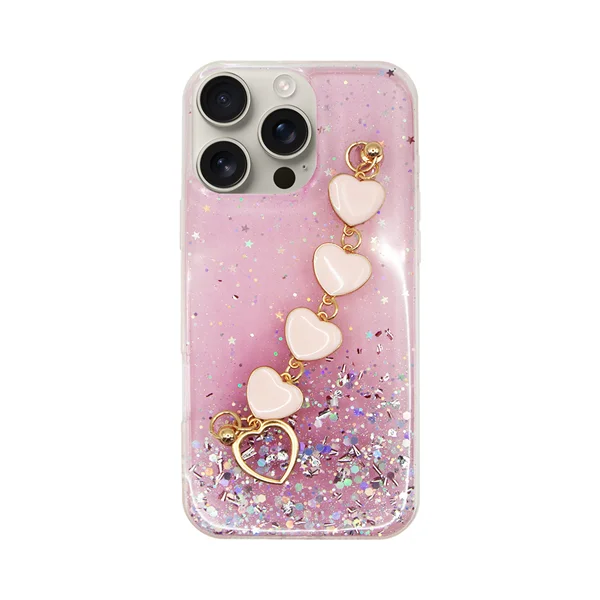 Φωτογραφία προϊόντος: Vivid Glitter Case with Heart Chain Hand Strap Apple iPhone 16 Pro Max Pink
