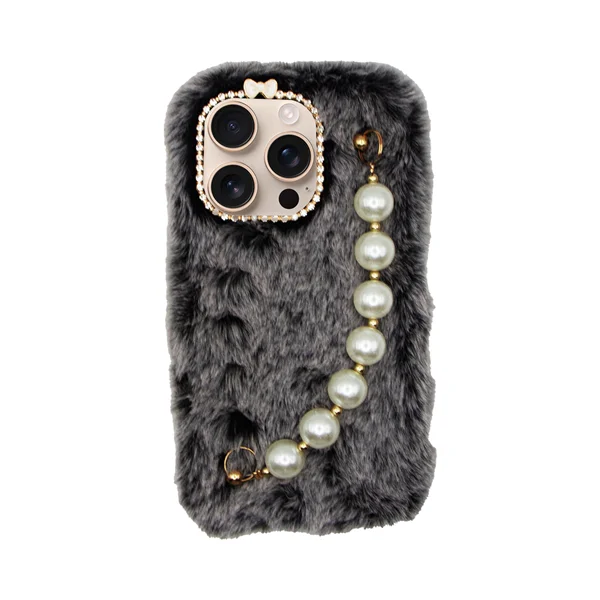 Φωτογραφία προϊόντος: Vivid Fluffy Plush Case with Pearl Chain Apple iPhone 16 Pro Grey/Black