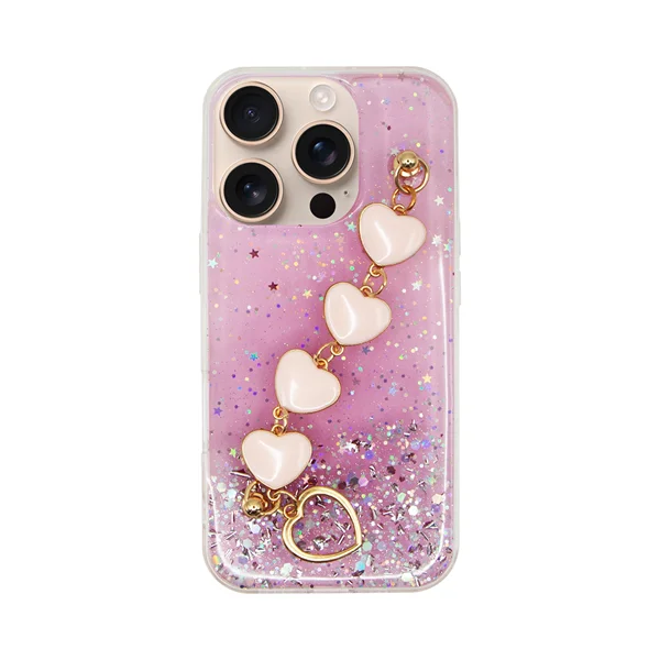 Φωτογραφία προϊόντος: Vivid Glitter Case with Heart Chain Hand Strap Apple iPhone 16 Pro Pink