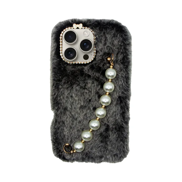 Φωτογραφία προϊόντος: Vivid Fluffy Plush Case with Pearl Chain Apple iPhone 16 Pro Max Grey/Black