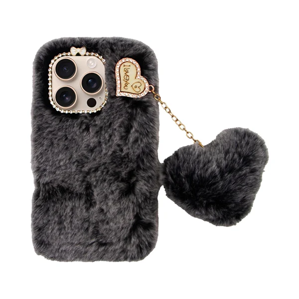 Φωτογραφία προϊόντος: Vivid Fluffy Plush Case with Heart-Shaped Chain Apple iPhone 16 Pro Grey/Black