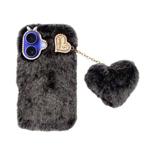 Φωτογραφία προϊόντος: Vivid Fluffy Plush Case with Heart-Shaped Chain Apple iPhone 16 Grey/Black