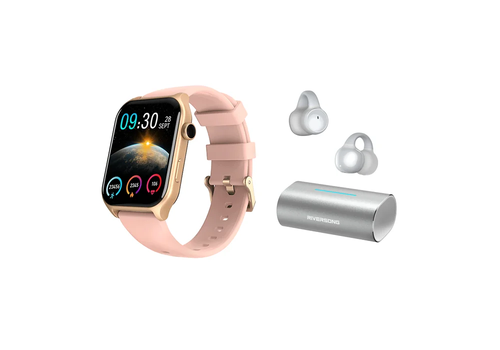 Φωτογραφία προϊόντος: Riversong Smartwatch Motive 9E Rose Gold + Riversong True Wireless AirClip L3 Silver