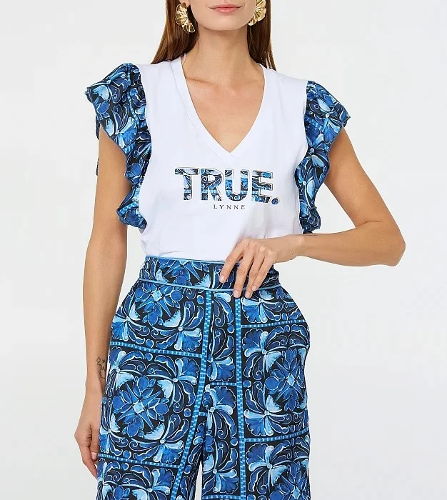 Φωτογραφία προϊόντος: Βαμβακερή μπλούζα με τύπωμα και εμπριμέ μανίκια, Λευκή, Lynne