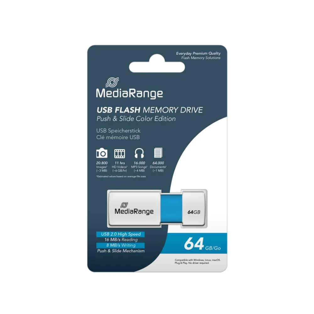 Φωτογραφία προϊόντος: MR SSD & USB FLASH DRIVES & MEMORY CARDS MediaRange USB 2.0 flash drive, color edition, light blue, 64GB (MR974)