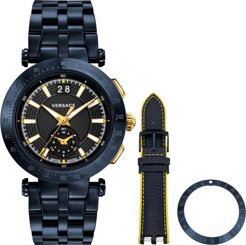 Φωτογραφία προϊόντος: Versace V-Race Σετ Ρολόι Μπαταρίας με Μπλε Μεταλλικό Μπρασελέ και Μπλε Δερμάτινο Λουράκι VAH050016