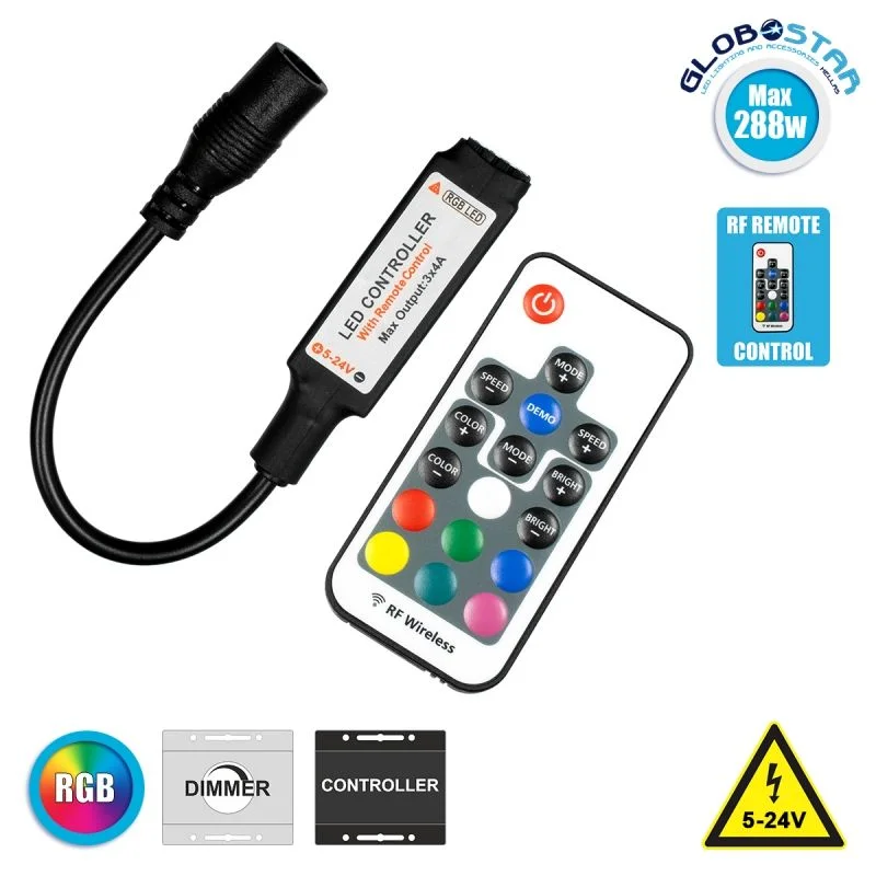 Φωτογραφία προϊόντος: Ασύρματος LED Controller RGB με Χειριστήριο RF 2.4Ghz DC 5-24V Max 288W