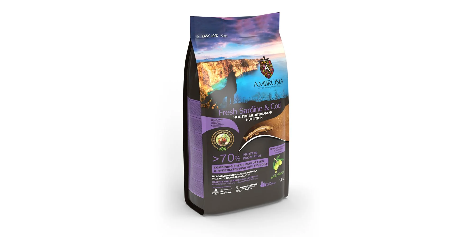 Φωτογραφία προϊόντος: Ambrosia Mediterranean Grain Free Dog Senior Light + Sterilized Fresh Sardine + Cod 1,5kg