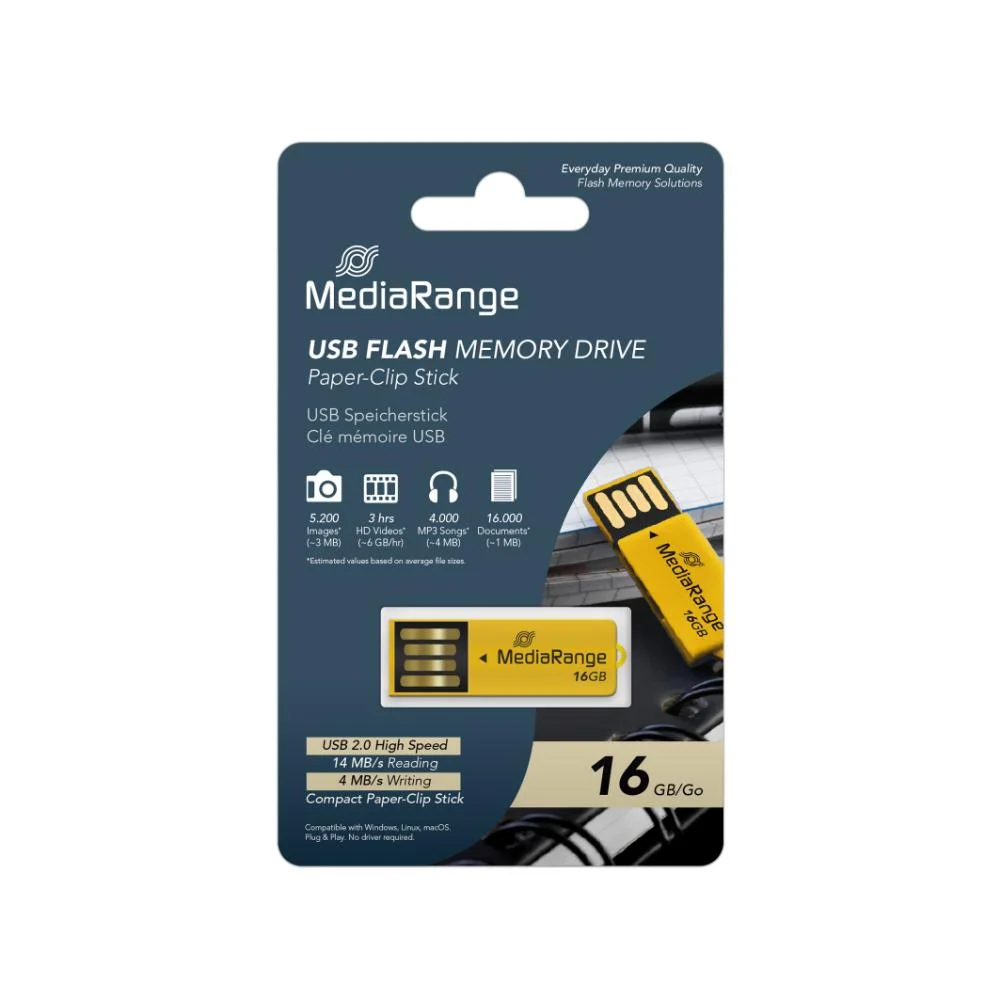 Φωτογραφία προϊόντος: MR SSD & USB FLASH DRIVES & MEMORY CARDS MediaRange USB 2.0 Nano Flash Drive Paper-clip stick 16GB (Yellow) (MR976)