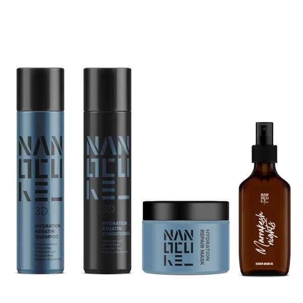 Φωτογραφία προϊόντος: Keratin Nanocure® 3D Hydration Full Pack (Shampoo 500ml, Conditioner 500ml, Mask 250ml, Argan Oil 100ml)