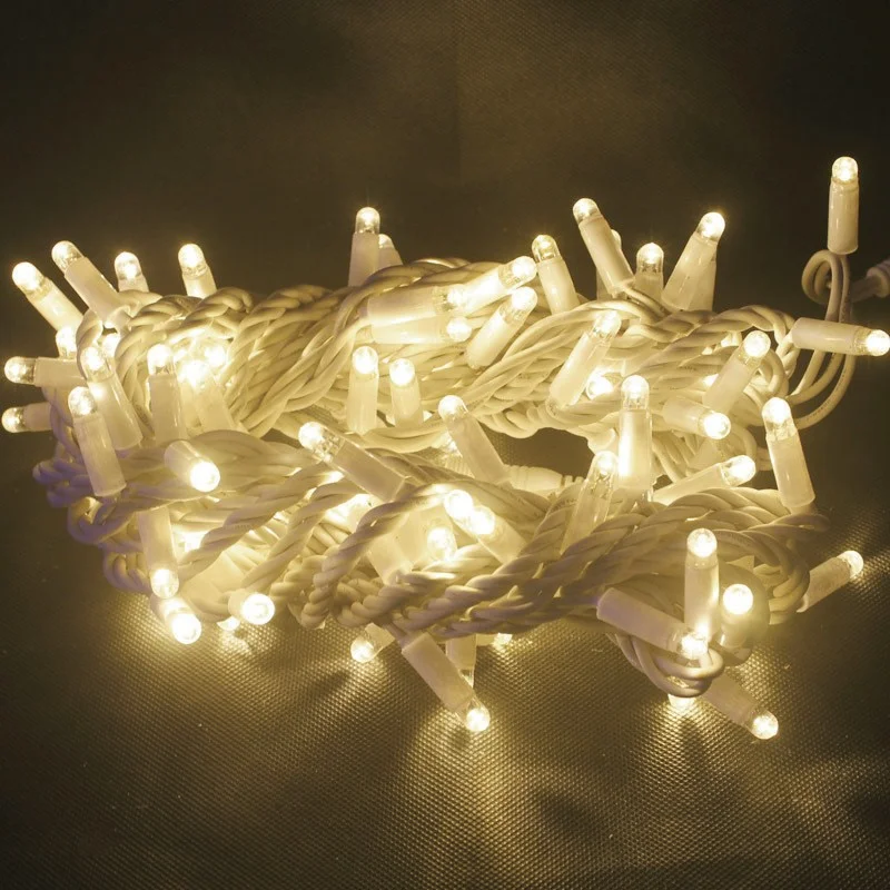Φωτογραφία προϊόντος: ACALIGHT Λαμπάκια 100 LED σε σειρά θερμό λευκό με καουτσούκ, 31VDC, IP44, πράσινο καλώδιο 1.5m, επέκταση έως 20 σετ