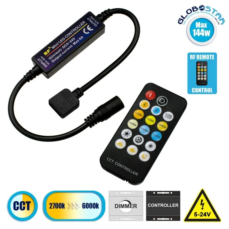 Φωτογραφία προϊόντος: Ασύρματο LED CCT Controller με Χειριστήριο RF 2.4Ghz DC 5-24V Max 144W
