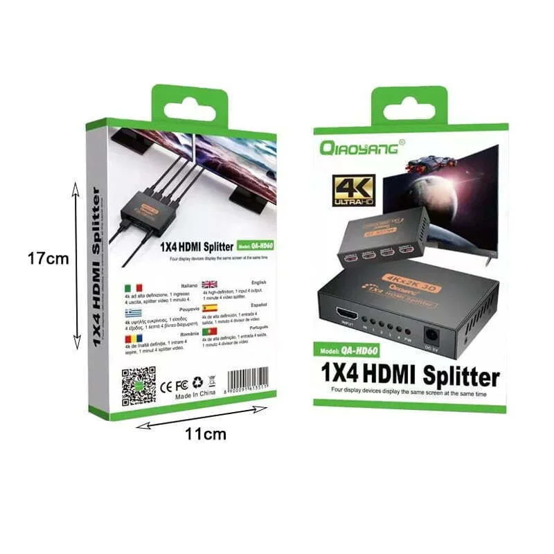Φωτογραφία προϊόντος: OEM Qiaoyang HDMI splitter 1x4 Διαχωριστής σήματος από 1 είσοδο σε 4 εξόδους QA-HD60