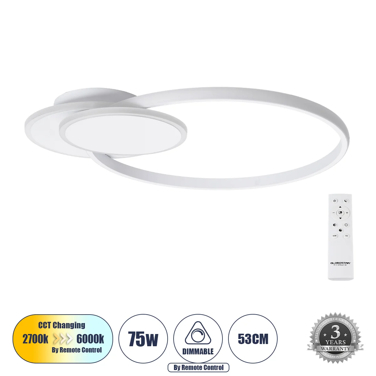 Φωτογραφία προϊόντος: GLOBOSTAR® CIRCUO 61230 Μοντέρνο Φωτιστικό Οροφής LED 75W 8400lm 360° AC 220-240V IP20 Ρυθμιζόμενο Λευκό CCT με Χειριστήριο από 2700K έως 6000K Dimmable - Lumileds SMD Chip - Λευκό