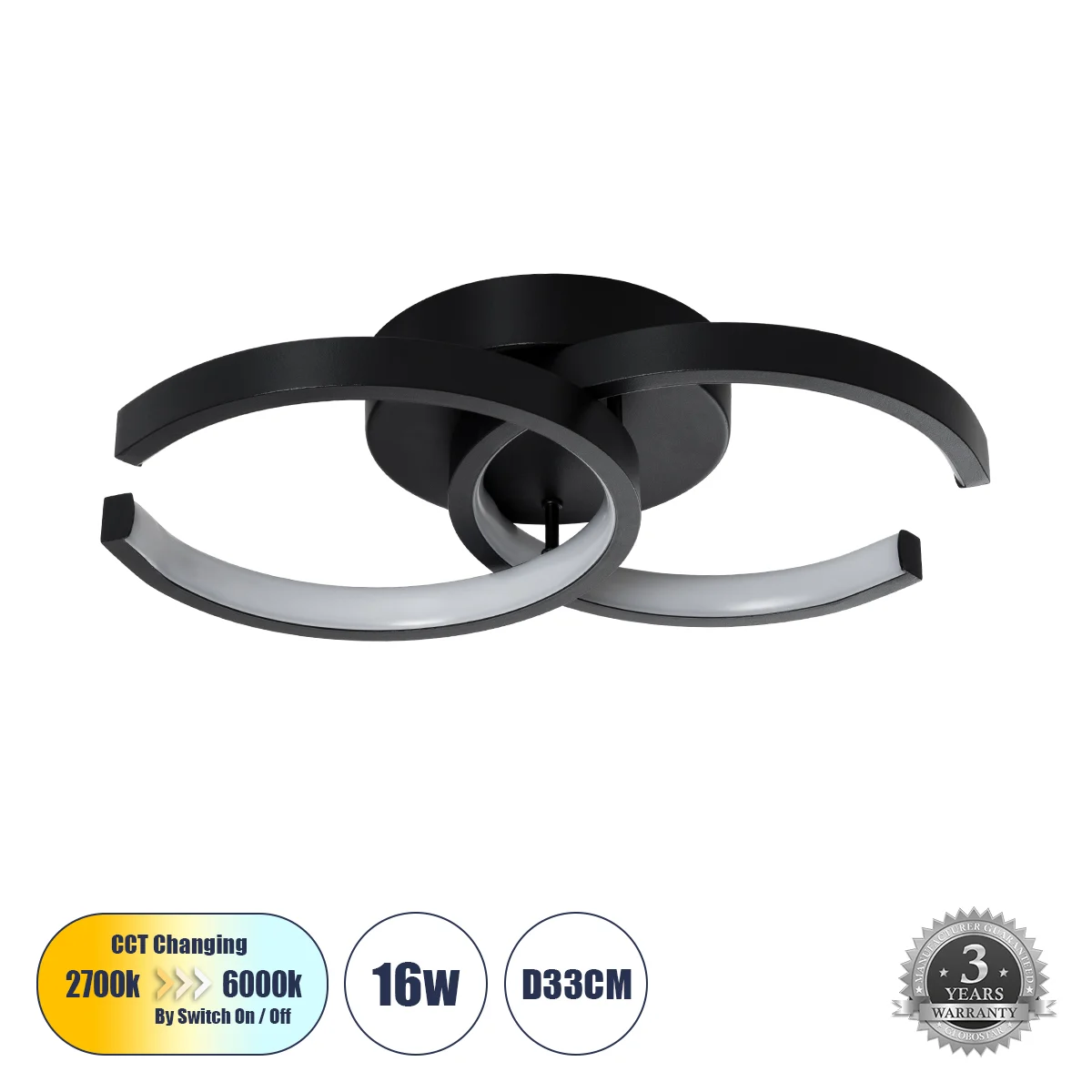 Φωτογραφία προϊόντος: GLOBOSTAR® EVA 61067 Μοντέρνο Φωτιστικό Οροφής LED 16W 1920lm 300° AC 220-240V IP20 Ρυθμιζόμενο Λευκό CCT με On/Off 2700K/4500K/6000K - Lumileds SMD Chip - Μαύρο Ματ - Μ33 x Π21 x