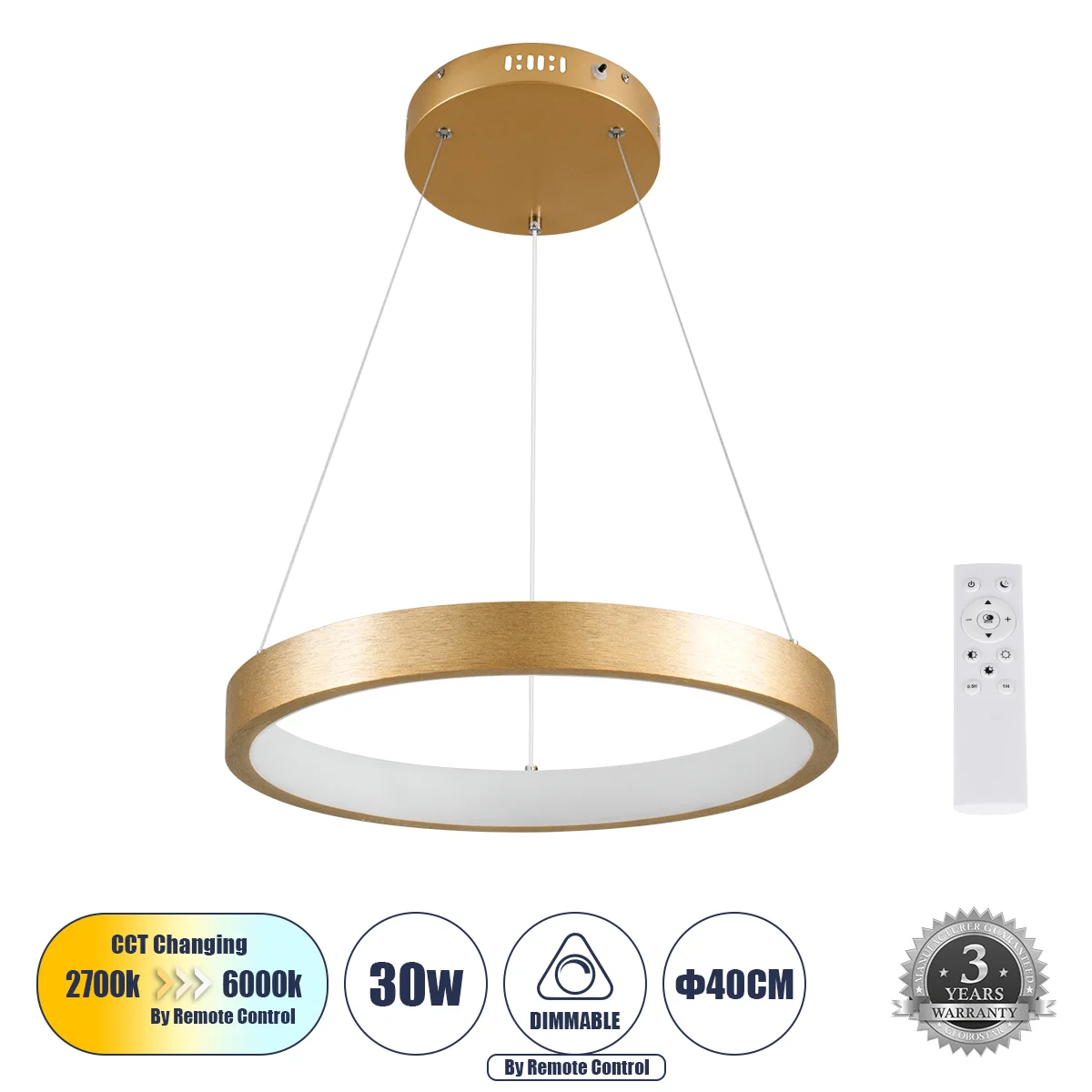 Φωτογραφία προϊόντος: GLOBOSTAR® NEMESIS 61157 Μοντέρνο Κρεμαστό Φωτιστικό Οροφής LED 30W 3513lm 360° AC 220-240V IP20 Ρυθμιζόμενο Λευκό CCT με Χειριστήριο από 2700K έως 6000K Dimmable - Lumileds SMD Ch