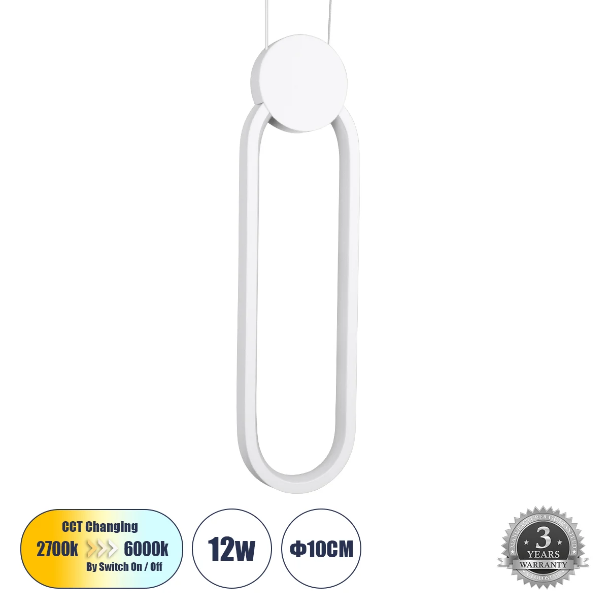 Φωτογραφία προϊόντος: GLOBOSTAR® ILDI 61089 Μοντέρνο Κρεμαστό Φωτιστικό Οροφής LED 12W 1440lm 300° AC 220-240V IP20 Ρυθμιζόμενο Λευκό CCT με On/Off 2700K/4500K/6000K - Lumileds SMD Chip - Λευκό Ματ - Μ1