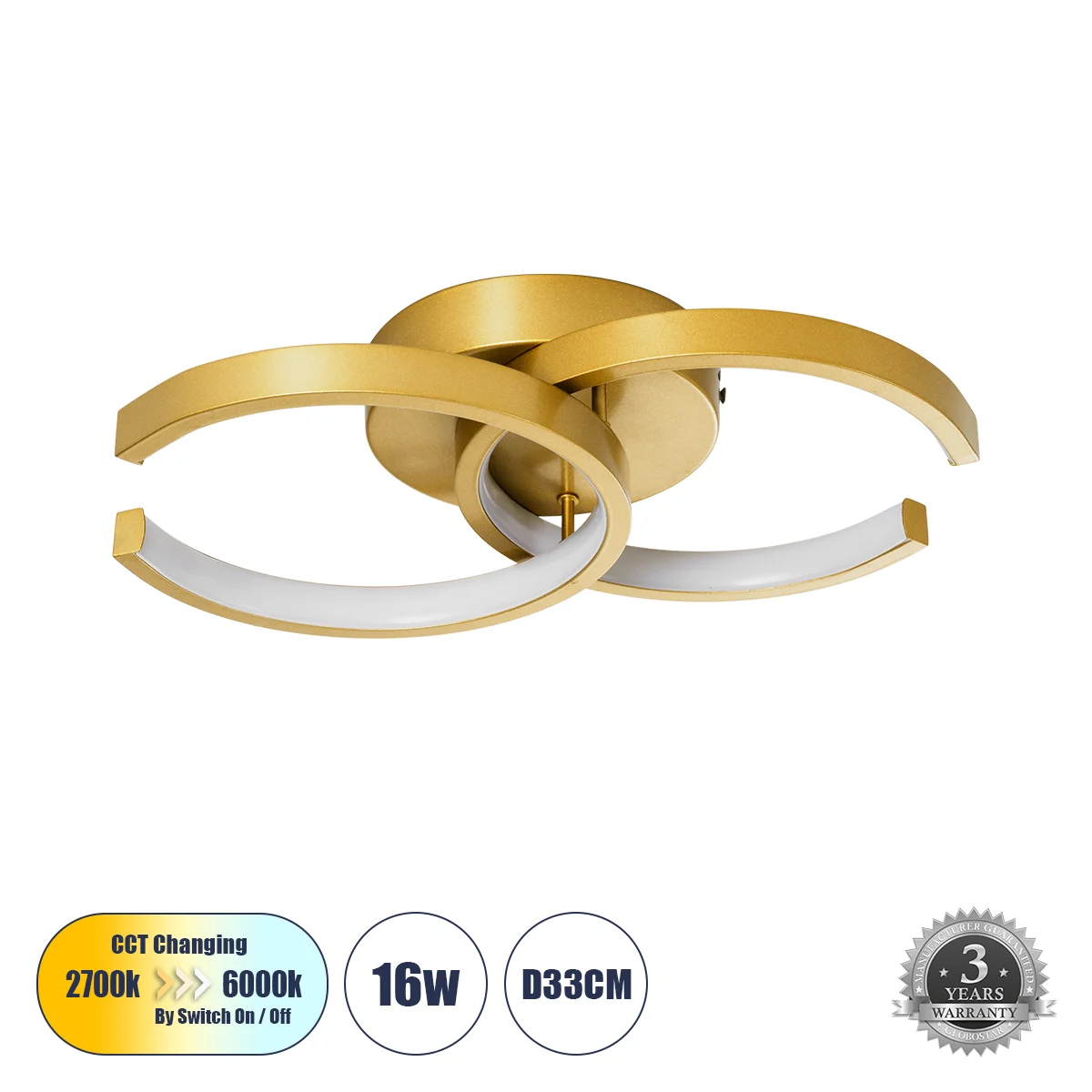 Φωτογραφία προϊόντος: GLOBOSTAR® EVA 61069 Μοντέρνο Φωτιστικό Οροφής LED 16W 1920lm 300° AC 220-240V IP20 Ρυθμιζόμενο Λευκό CCT με On/Off 2700K/4500K/6000K - Lumileds SMD Chip - Χρυσό Βούρτσας - Μ33 x Π