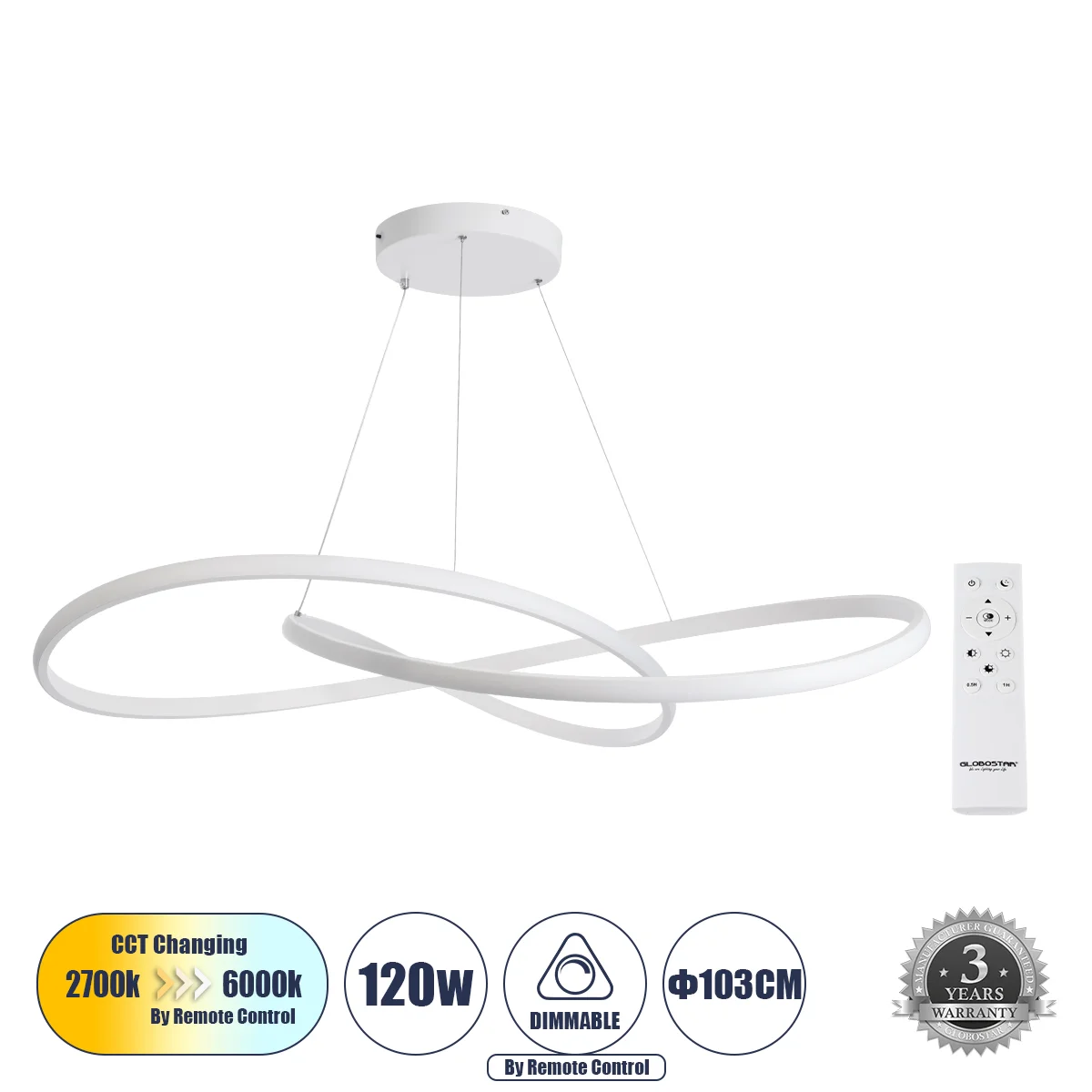 Φωτογραφία προϊόντος: GLOBOSTAR® DEXTER 60918 Μοντέρνο Κρεμαστό Φωτιστικό Οροφής LED 120W 13440lm 300° AC 220-240V IP20 Ρυθμιζόμενο Λευκό CCT με Χειριστήριο από 2700K έως 6000K Dimmable - Lumileds SMD C