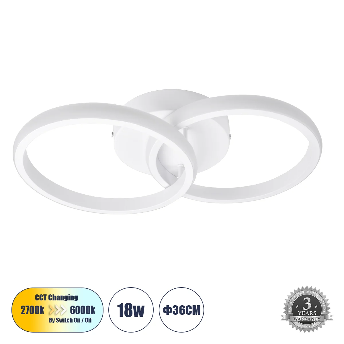 Φωτογραφία προϊόντος: GLOBOSTAR® CORA 61059 Μοντέρνο Φωτιστικό Οροφής LED 18W 2160lm 300° AC 220-240V IP20 Ρυθμιζόμενο Λευκό CCT με On/Off 2700K/4500K/6000K - Lumileds SMD Chip - Λευκό Ματ - Μ36 x Π20.5