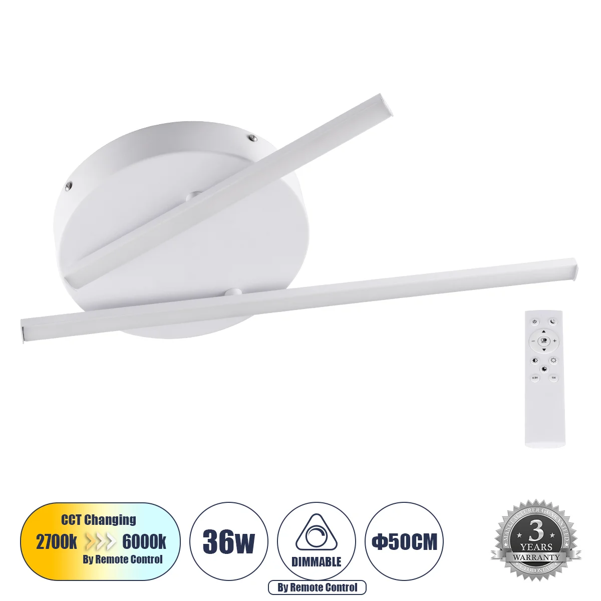 Φωτογραφία προϊόντος: GLOBOSTAR® DRACO 61092 Μοντέρνο Φωτιστικό Οροφής LED 36W 4428lm 120° AC 220-240V IP20 Ρυθμιζόμενο Λευκό CCT με Χειριστήριο από 2700K έως 6000K Dimmable - Lumileds SMD Chip - Λευκό