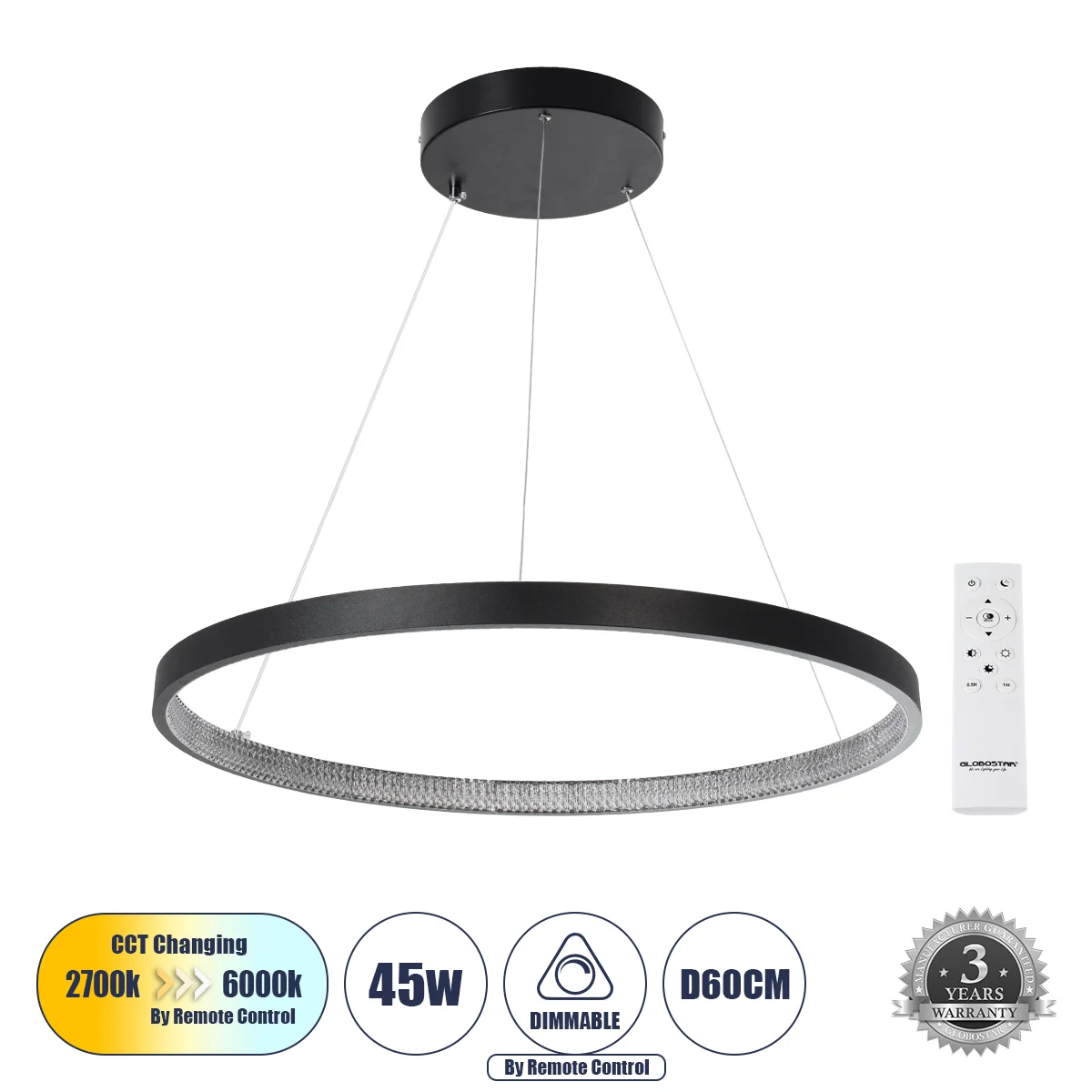 Φωτογραφία προϊόντος: GLOBOSTAR® DIAMOND 61522 Μοντέρνο Κρεμαστό Φωτιστικό Οροφής LED 45W 5040lm 360° AC 220-240V IP20 Ρυθμιζόμενο Λευκό CCT με Χειριστήριο από 2700K έως 6000K Dimmable - Lumileds SMD Ch